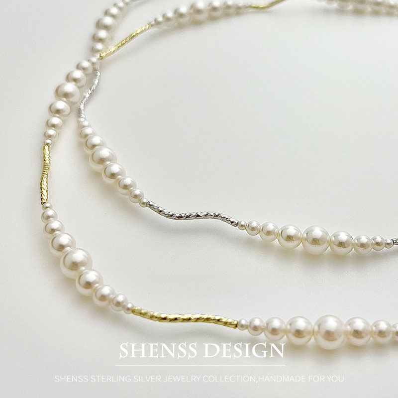 Pearl Necklace Set - Cobre chapeado imitação pérola colar curto,