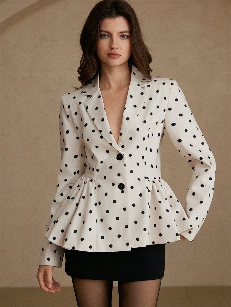 Women Formal Wear Black And White - Blazer Feminino Elegante com Pontos Pretos