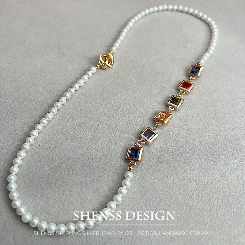 Colar de zircão quadrado de im - Pearl Necklace Set avaliação e preço