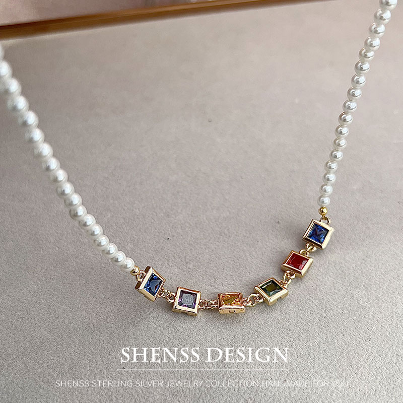 Colar de zircão quadrado de im - Pearl Necklace Set avaliação e preço