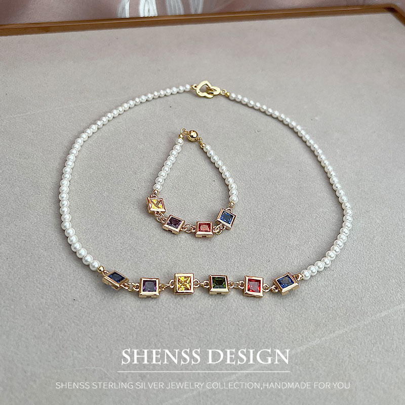 Colar de zircão quadrado de im - Pearl Necklace Set avaliação e preço